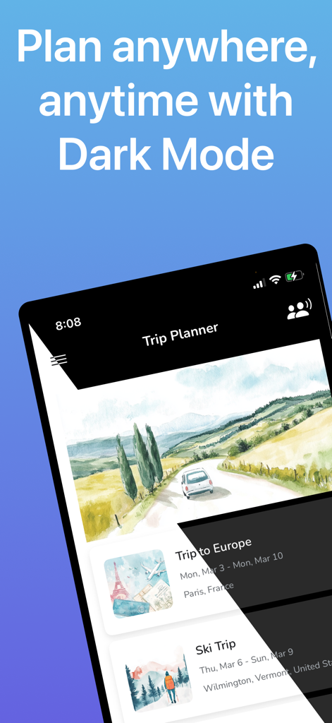 Itinerary Maker for Vacations - Interfaz de aplicación móvil del planificador de viajes que muestra itinerarios de vacaciones en modo oscuro