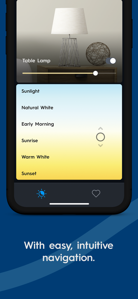 Cync (the new name of C by GE) - A smartphone screen displaying the Cync app interface for controlling a table lamp with various light presets ranging from Sunlight to Sunset.