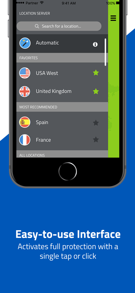 Webroot WiFi Security app interface for selecting VPN server locations globally
