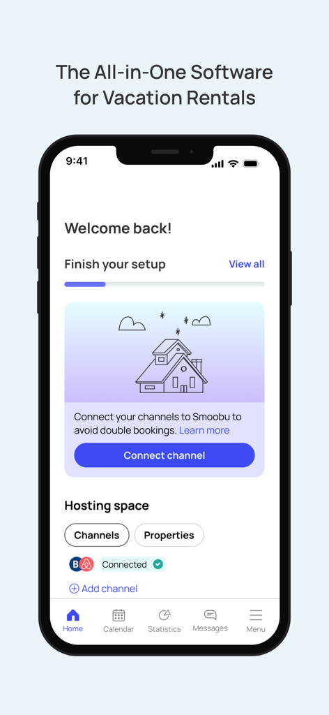Smoobu | Vacation Rental App - Smoobu vacation rental app home screen on an iPhone showing channel integration and setup status