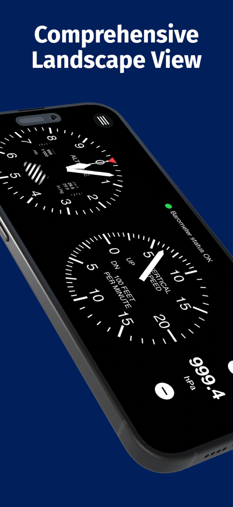 Aviation Altimeter Pro - Landscape view of the Aviation Altimeter Pro app featuring analog altimeter and vertical speed indicator dials
