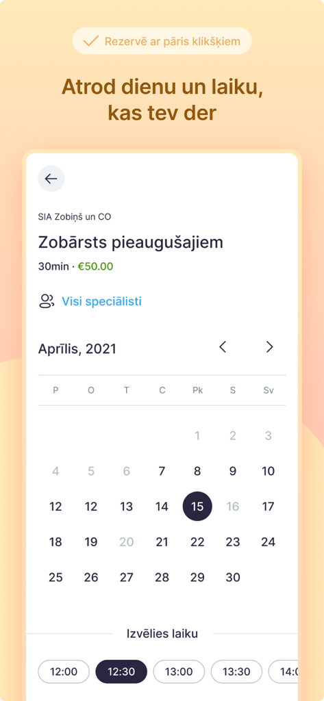 Lolo App - Interfaz móvil de Lolo App para programar una cita dental con un calendario y franjas horarias disponibles.