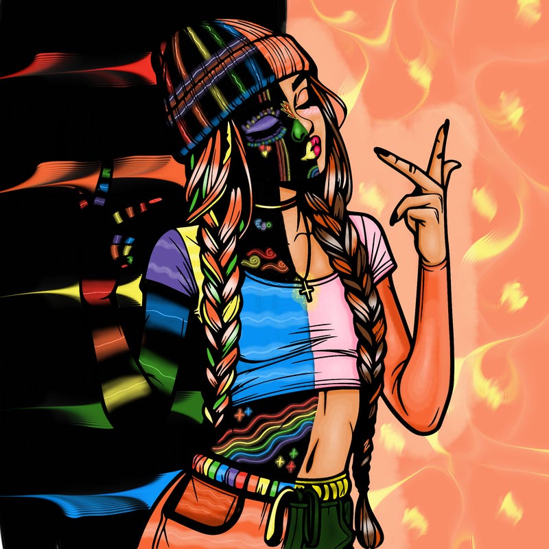 realistic teenage girl with braids and a beanie and crop top doing 🫶🏼