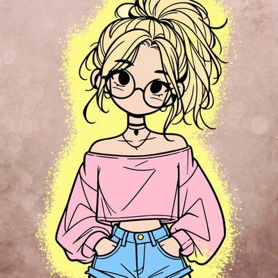 girl with a messy ponytail glasses a baggy crop top and jean shorts