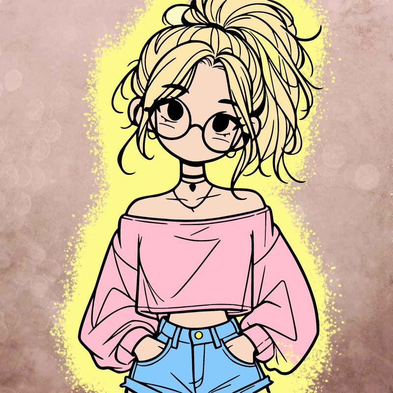 girl with a messy ponytail glasses a baggy crop top and jean shorts