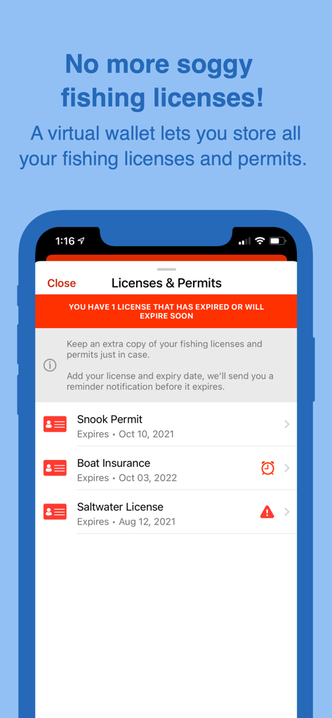 Digital wallet feature in the FishVerify app for storing fishing licenses and permits