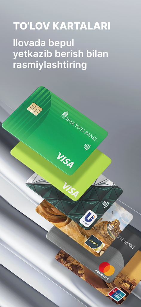 A variety of Ipak Yuli Bank payment cards including Visa Mastercard and Uzcard with a mention of free delivery