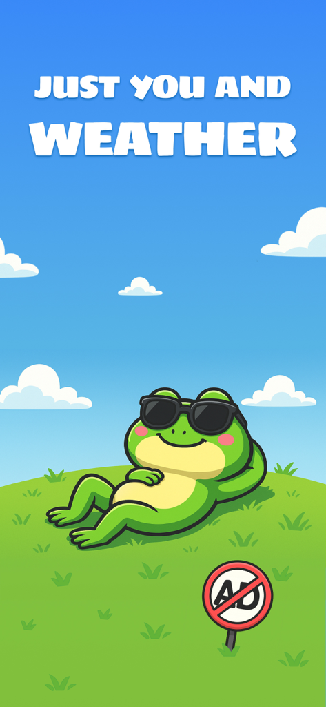 Una rana de dibujos animados con gafas de sol se relaja en una colina verde con un cartel de sin anuncios para mostrar la experiencia limpia de la aplicación meteorológica