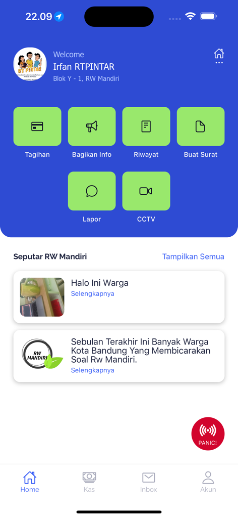 RTPINTAR - Dashboard of the RTPINTAR mobile app featuring community tools like bill payment reports and a red panic button