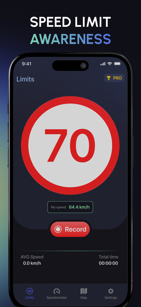 HUD Speed Display‧ - Interfaz de la aplicación HUD Speed Display que muestra la función de conciencia del límite de velocidad con un gran letrero de límite de 70 y seguimiento de la velocidad actual
