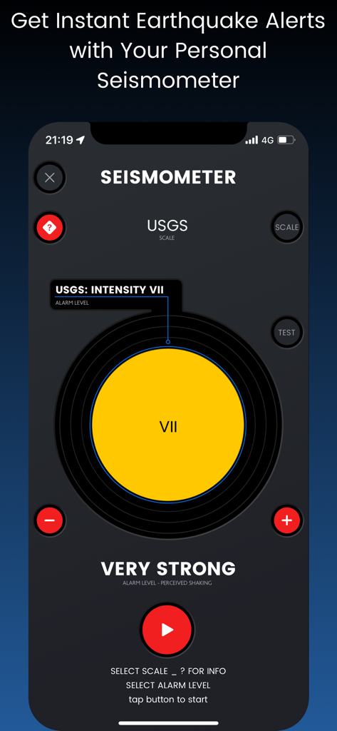 Seismometer screen in the iTools app displaying a very strong earthquake alert using the USGS scale.