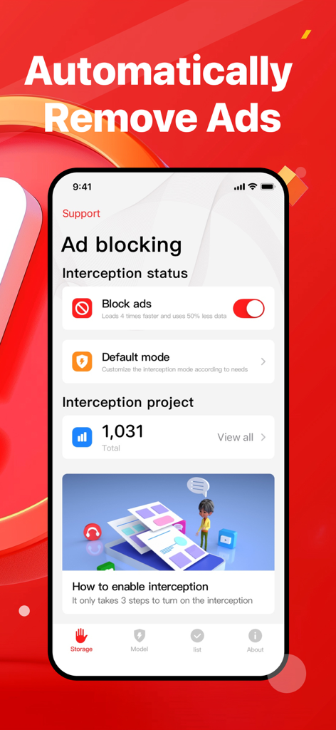 Ads Blocker - Fast & Complete - 광고 차단 토글과 차단된 전체 항목 수를 보여주는 광고 차단기 앱의 인터페이스