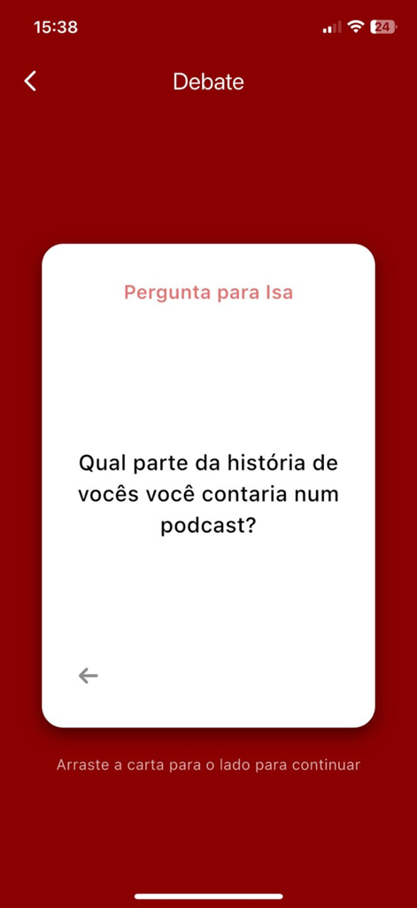 Passatempo - 빨간색 배경에 질문이 있는 토론 카드를 보여주는 Passatempo 앱 인터페이스