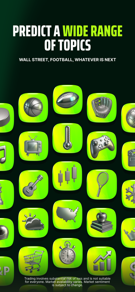 DraftKings Predictions - Un graphique montrant diverses catégories de prédictions dans l'application DraftKings Predictions, y compris des icônes de sport, de finance et de divertissement