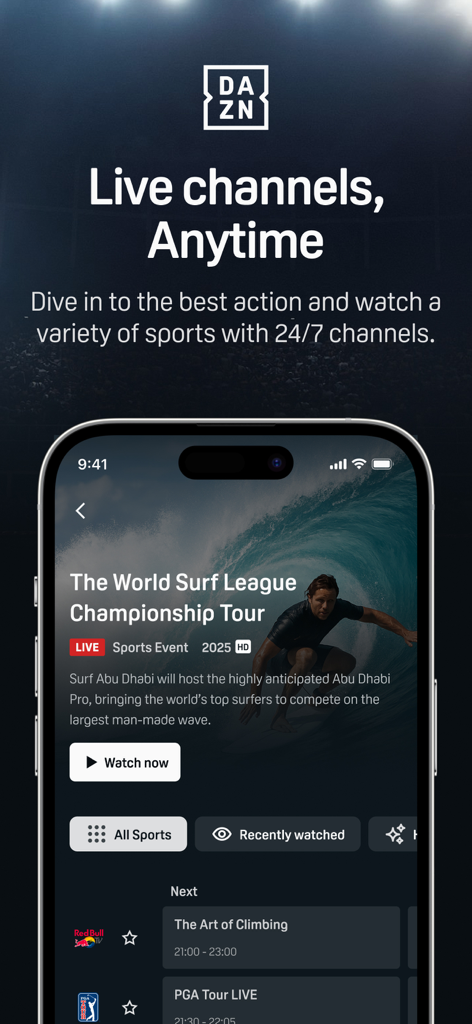 DAZN app interface showing live sports channels for surfing climbing and PGA tour