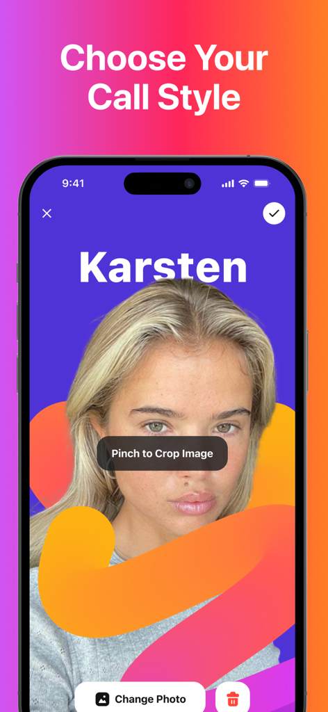 MyWall : Contact Poster - Interface of the MyWall app showing how to customize a call screen contact poster with a photo and colorful background.