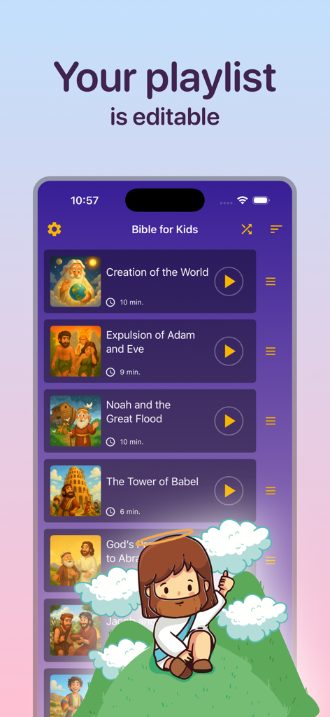 A mobile app interface displaying a customizable playlist of narrated bible stories for children.