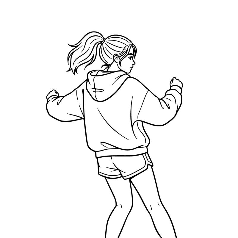 the girl who turns around in shorts and a sweatshirt