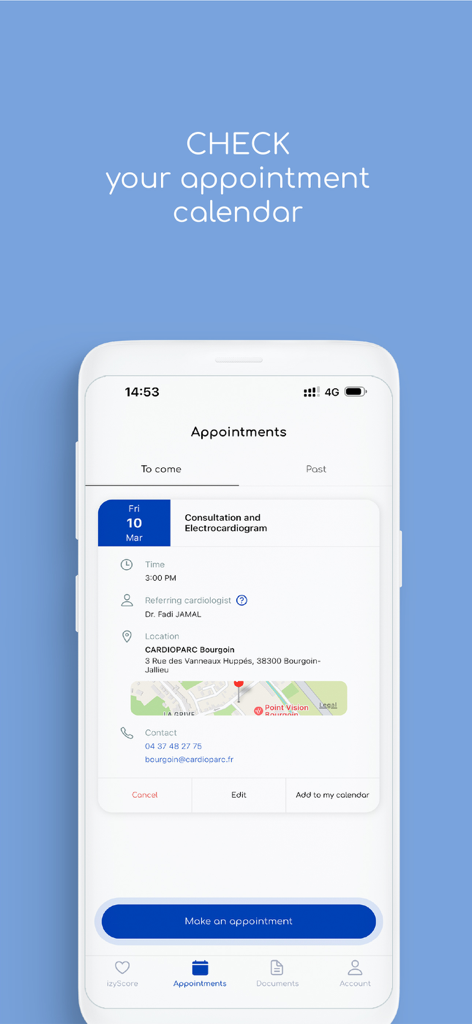CardioParc - CardioParc mobile app showing a detailed upcoming cardiology appointment with consultation and electrocardiogram information.