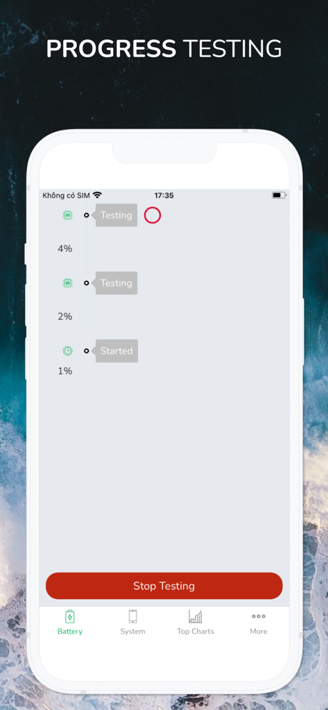 Interface of Battery Testing app showing the progress of a battery health benchmark