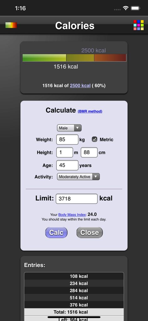 Calories - Dashboard di tracciamento delle calorie con calcolatore del metodo BMR e barra di avanzamento giornaliera