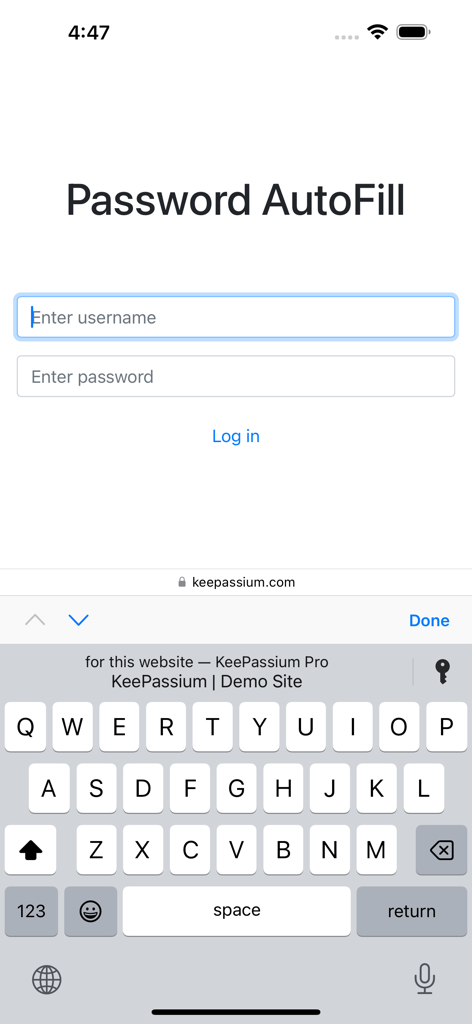 iOS Password AutoFill integration with KeePassium Pro on a login screen