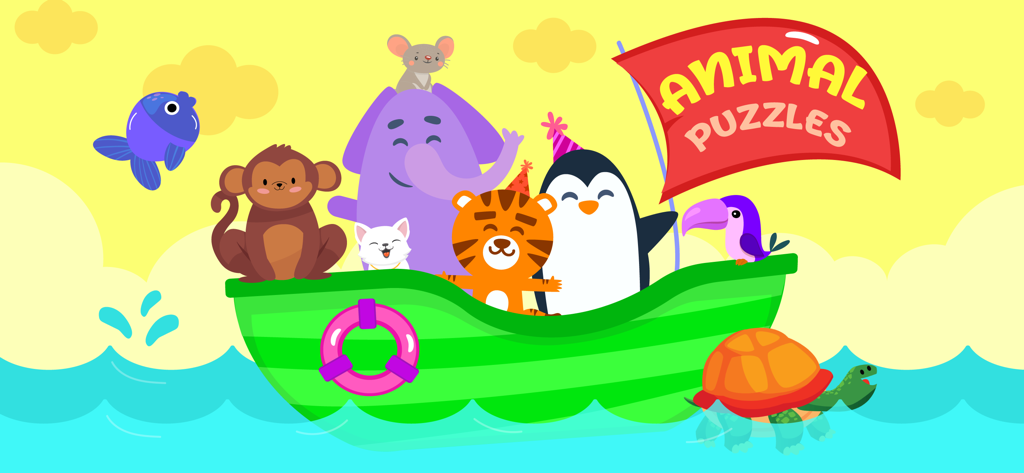 Kids Puzzle & Toddler Games 2+ - Un colorido barco de dibujos animados lleno de varios animales y una bandera que dice Puzzles de Animales.
