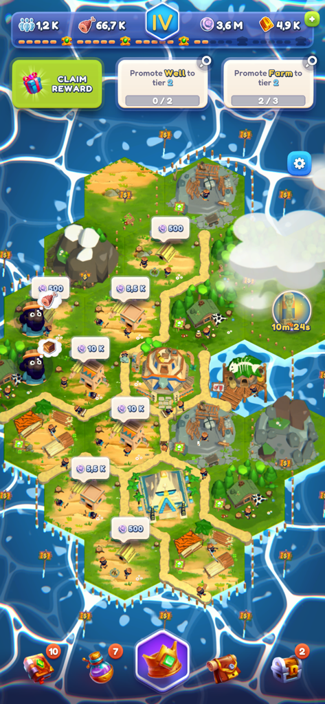 Rise of Empire: Idle Tycoon - A top-down hex-based map view of a kingdom in Rise of Empire Idle Tycoon showing buildings and resource counters.