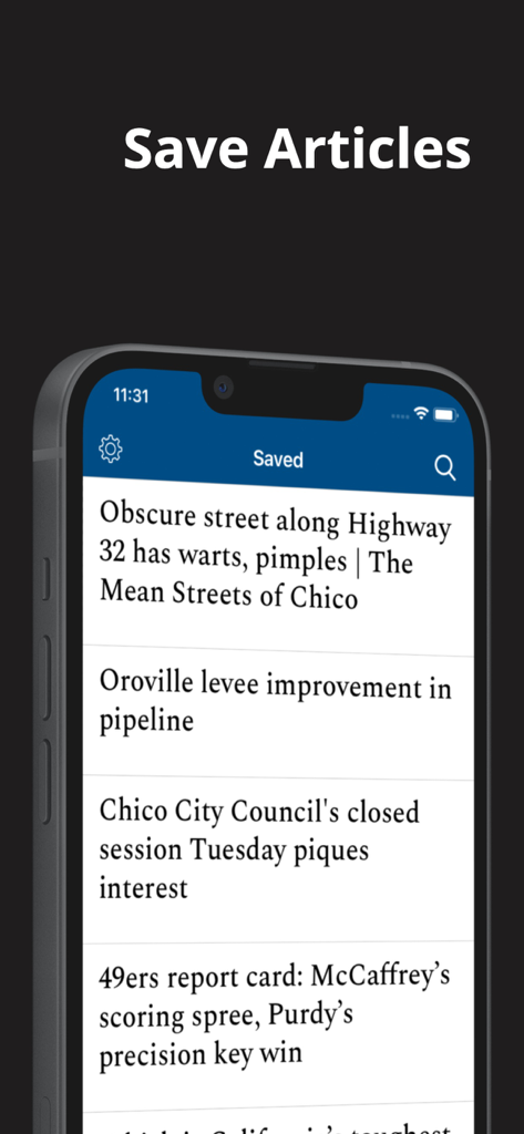 Chico Enterprise Record - Smartphone displaying the saved articles feature in the Chico Enterprise-Record mobile app.