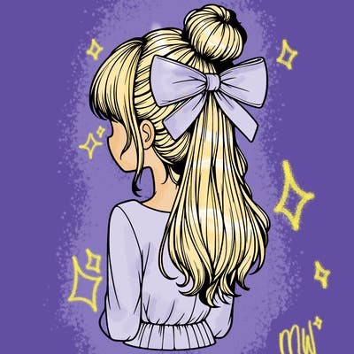 realistic girl  with hip length hair a bun and a big bow on the back of head