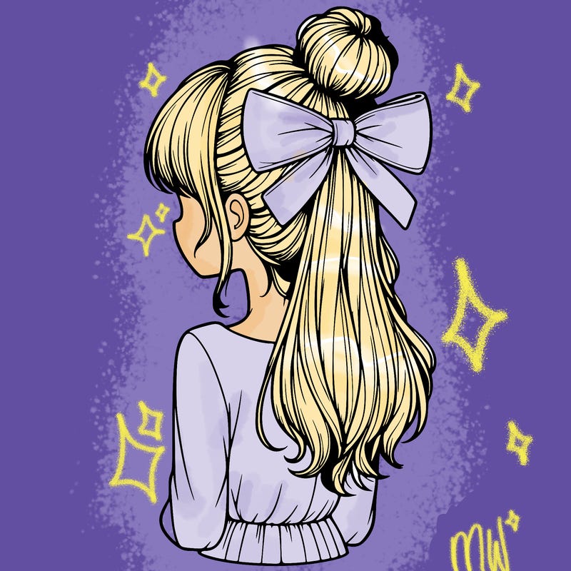 realistic girl  with hip length hair a bun and a big bow on the back of head