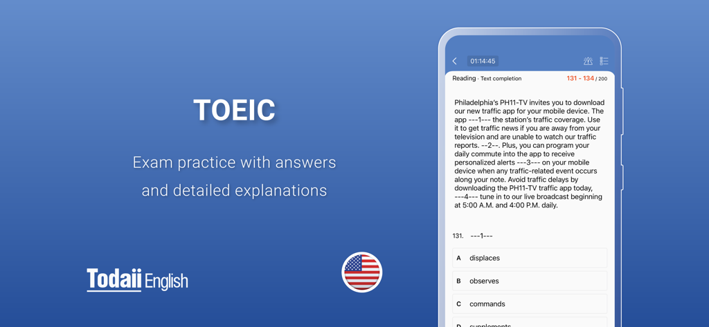 Todaii: Learn English - Todaii English app interface showing TOEIC exam practice with reading comprehension and multiple choice questions