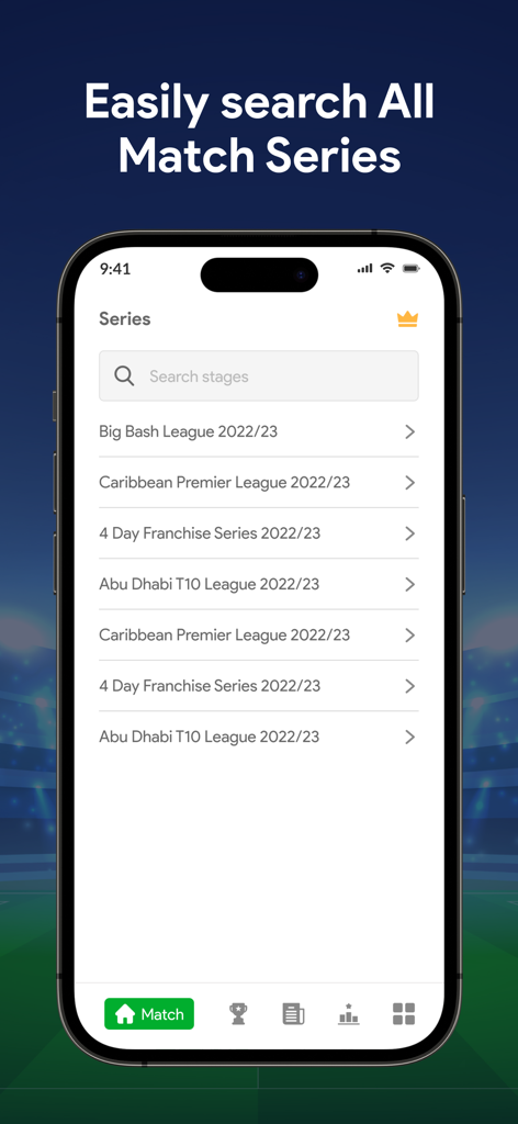 Live Cricket Score : Live Line - Mobile app screen showing a list of cricket match series with a search bar