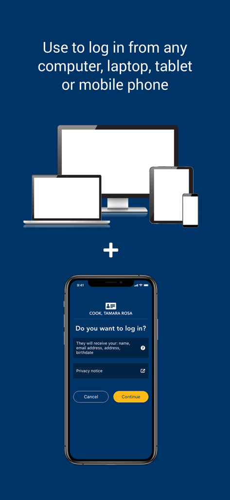Schermata dell'app BC Services Card che dimostra l'accesso da computer, laptop, tablet e telefoni cellulari