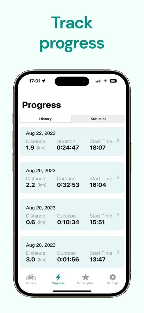 Bike Computer - Cycle Tracker - Una pantalla de aplicación de ciclismo que muestra un historial de recorridos de bicicleta registrados con detalles de distancia y tiempo