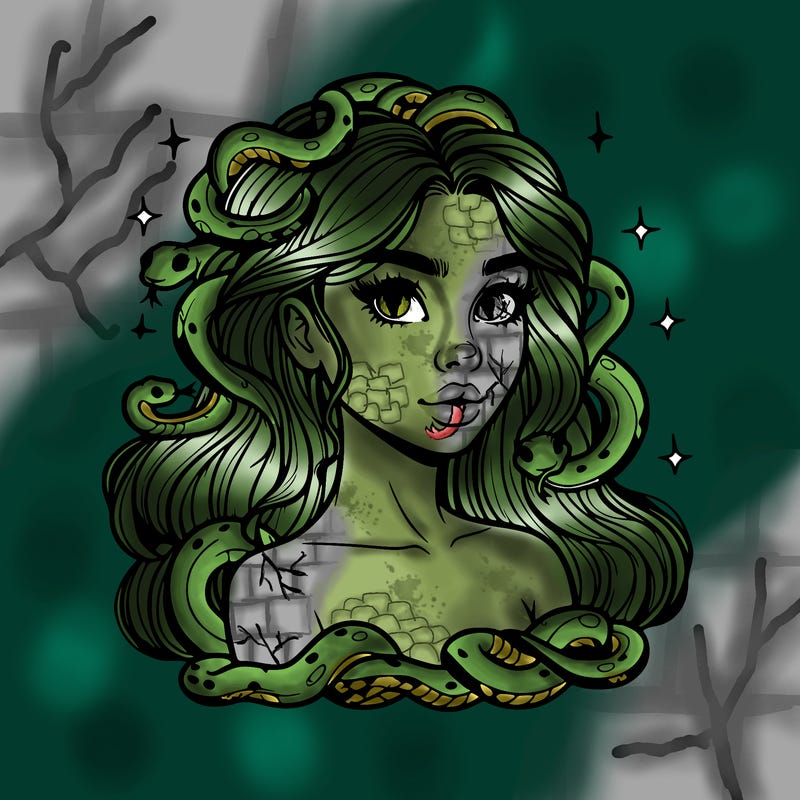 realistic girl with snakes as hair