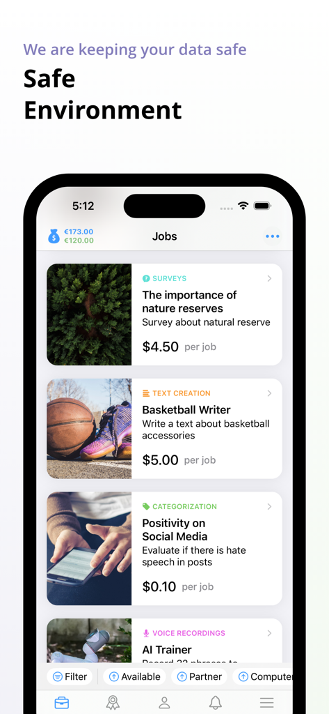 Interface of the Clickworker app showing a list of micro jobs including surveys and writing tasks with their pay rates.