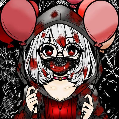 hot anime girl wearing a hood and has cute glasses holding balloons covering part of her face and blank background