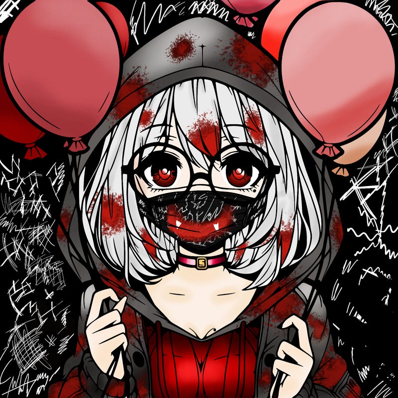 hot anime girl wearing a hood and has cute glasses holding balloons covering part of her face and blank background