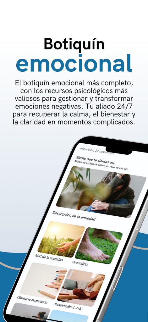 Psicovirtual - Psicovirtualのモバイルインターフェース、不安やグラウンディングのための心理学的リソースを備えた感情的応急処置キットを表示