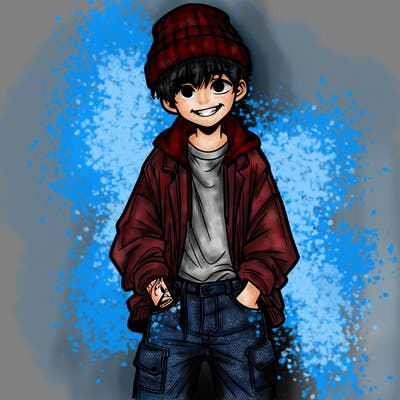 teenage realistic boy with baggy clothes and a grin