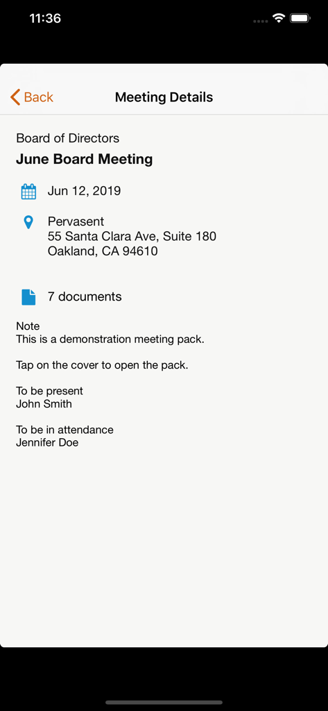 Screen showing meeting details for a board meeting including date location documents and attendee list