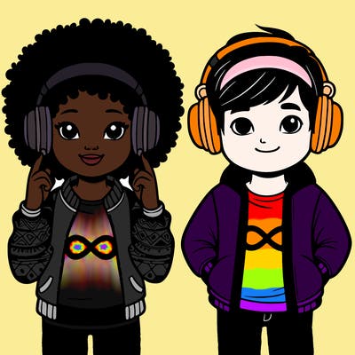 an afroamerican girl with headphones and a boy with headphones, they have an ♾️ symbol on their shirt