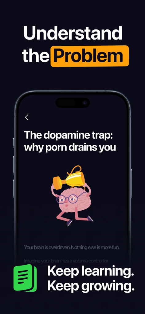 CURE app educational screen explaining the dopamine trap with a cartoon brain illustration.