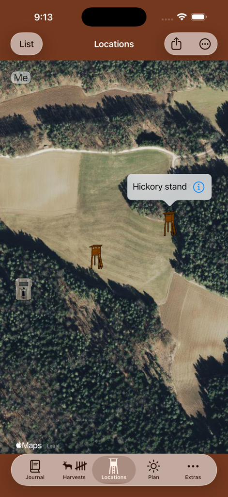 A satellite map showing hunting stands and trail camera icons in the iHunt Journal app.
