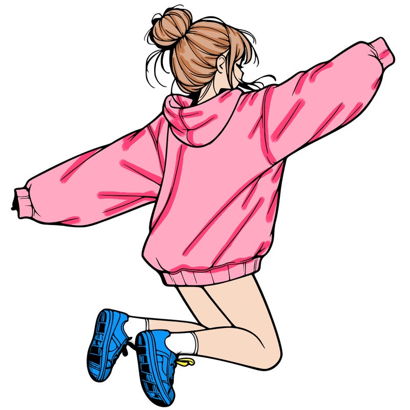 realistic girl jumping with a bun and oversized sweatshirt