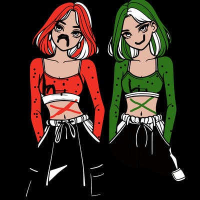 two girls with crop top with baggy pants