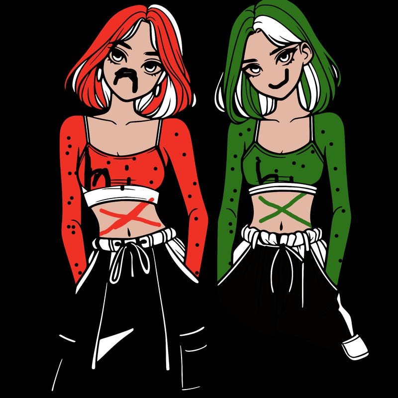 two girls with crop top with baggy pants