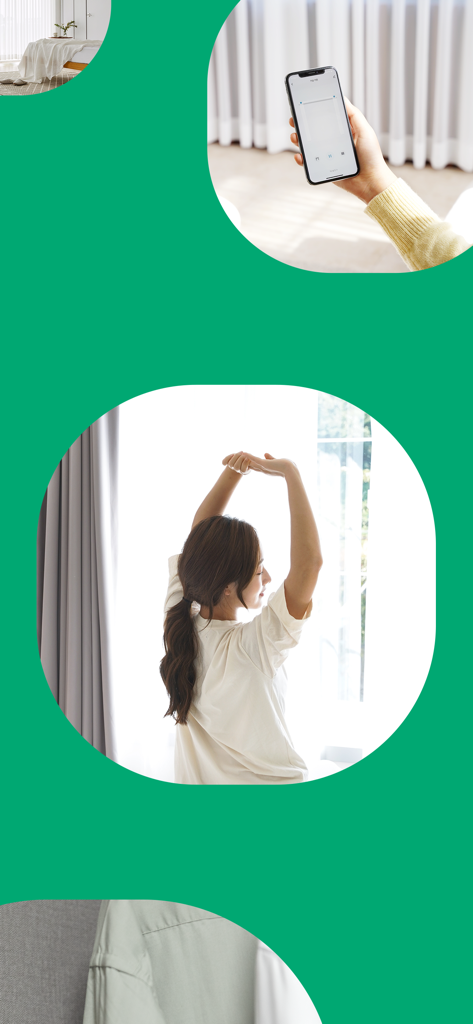 헤이홈 Hejhome - Uma mão segurando um smartphone com a interface do aplicativo Hejhome acima de uma mulher se alongando em uma sala iluminada durante uma rotina matinal