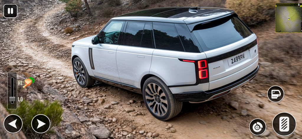 White SUV driving on a rocky offroad trail with game controls visible